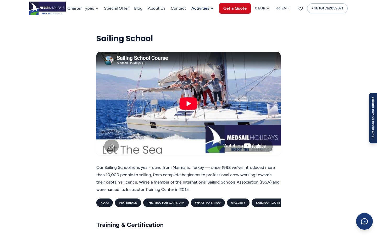 Medsail Holidays sailing school page